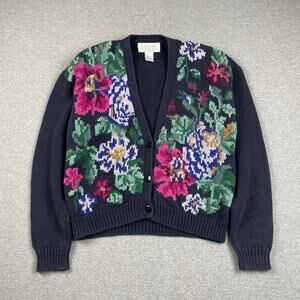 VTG Floral Grandma Cottagecore Cardigan Sweater M Chunky Knit Button Up Blue